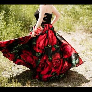 Black and Red Rose Print formal dress- Women